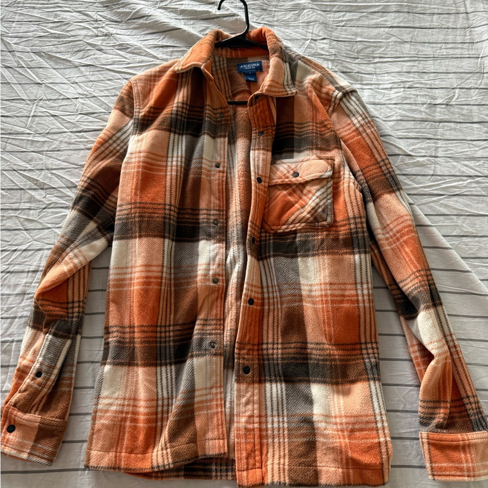 Plaid Fleece Shacket / Shirt Jacket – Orange & Neutral Tones